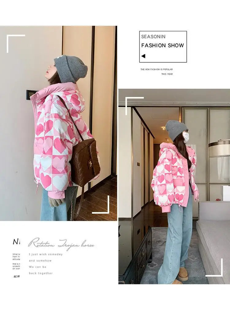 Duck Down Coat for Women, Loose and Thicken Hooded Parkas, Printed Outerwear, Female Bread Jackets, Winter Clothing, New, 2024