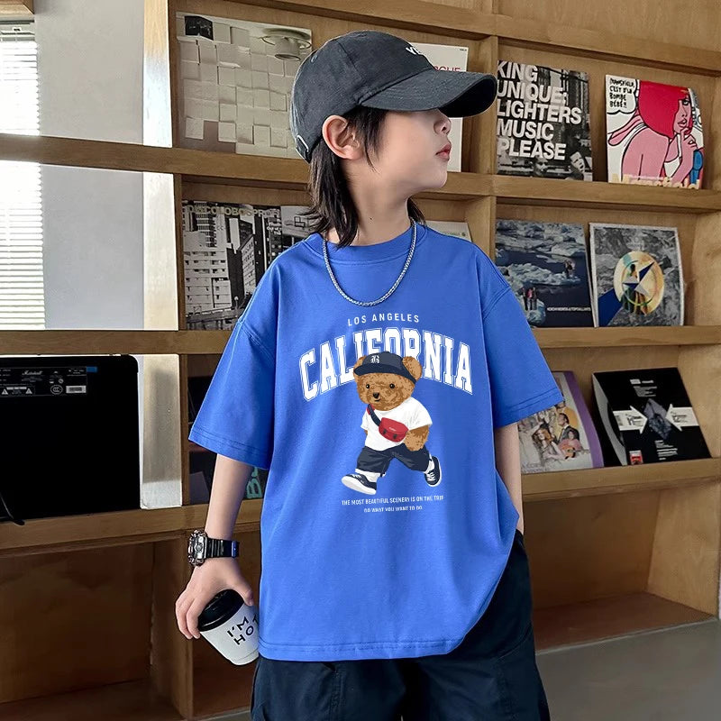 Boys Trendy Bear Print Graphic T Shirts Korean Children's Clothes 2025 Girls Cotton Short Sleeve Tops Tees Kids Clothes Summer