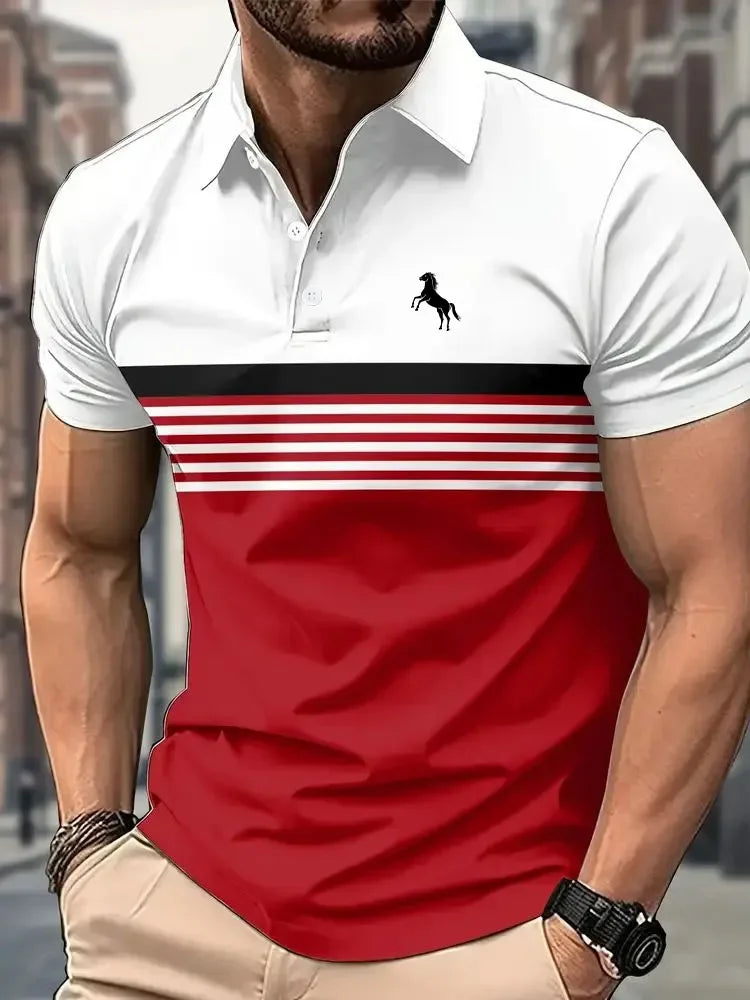 Men'S Casual Short Sleeve Polo Shirt with 3D Horse Print Striped Color Block Design Sporty Style Collared Golf Shirt for Summer