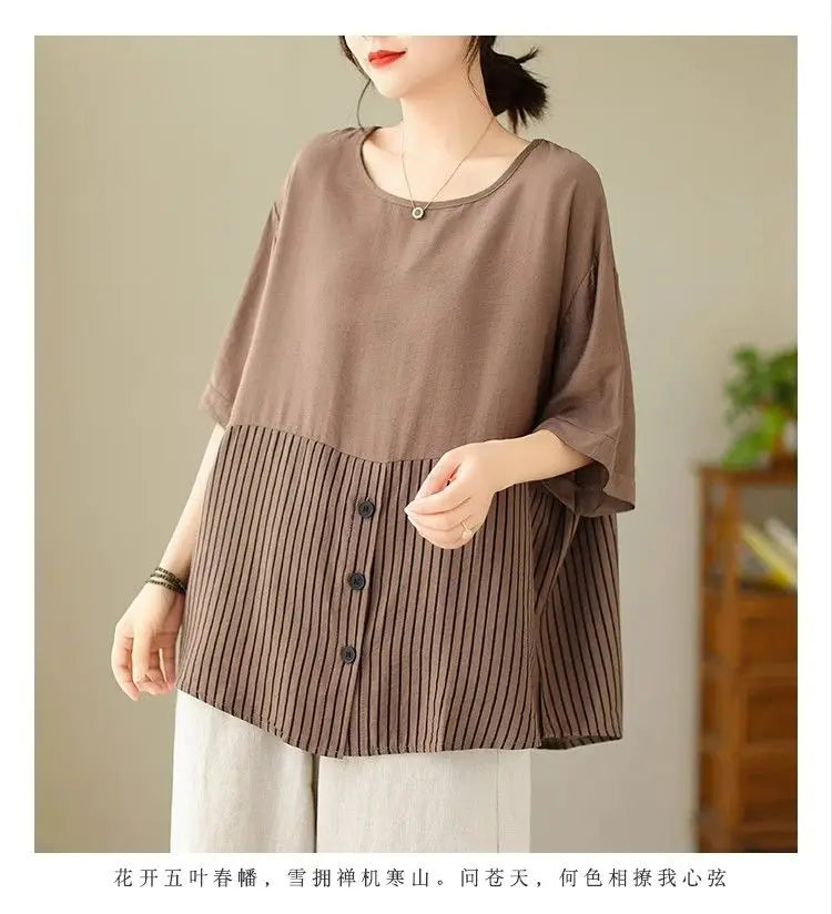 Summer New Plus Size Women's Fashion Striped Patchwork Tops Tees Youth Short Sleeve Loose Vintage T Shirts Casual Trend Clothing