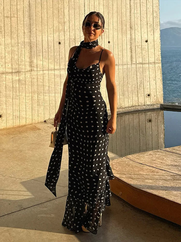 Retro Polk Dot Long Dress With Ribbon Women Sexy Low Cut Sleeveless Pleated Slim Evening Dresses Female Spring Chic Street Party