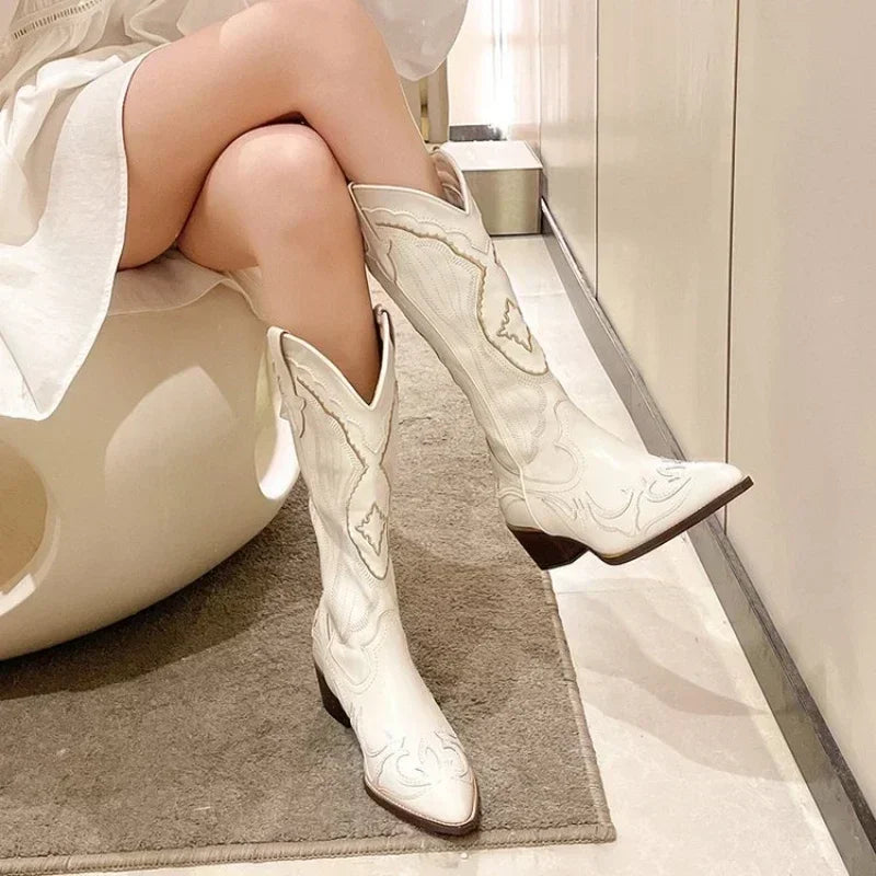Women's Embroidered Western Mid Calf Boots Cowboy Square Heels Boots Pointed Toe Platform Boots Women Western Shoes Plus Size 42