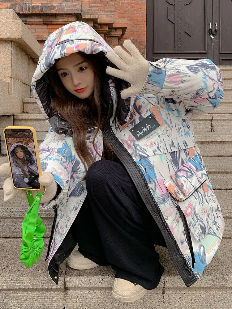 Down Jacket Fashion Short Women's Autumn and Winter Thickened Warm Windproof Warm Loose Hooded Straight Cartoon Anime Print 1Pc