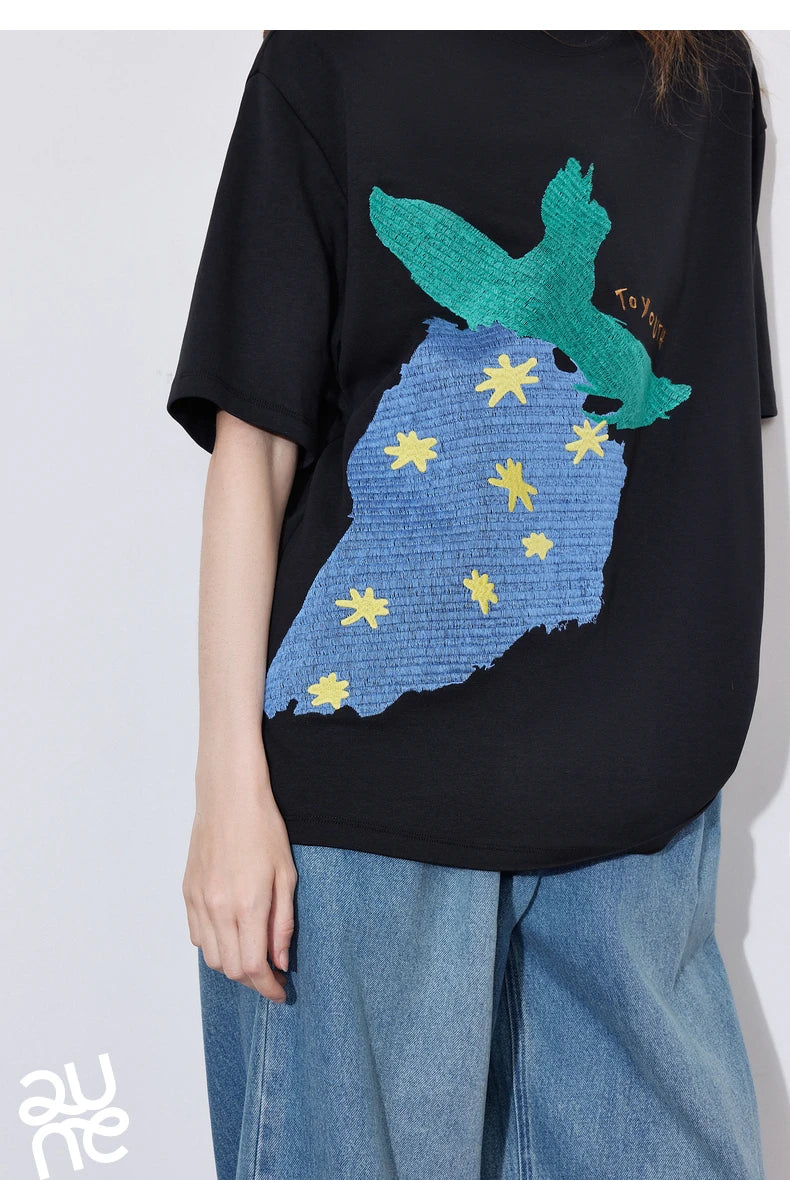 TOYOUTH Women Short Sleeve T-shirt 2025 Spring New Striped Strawberry Embroidered Round Neck Loose Pullover Tops