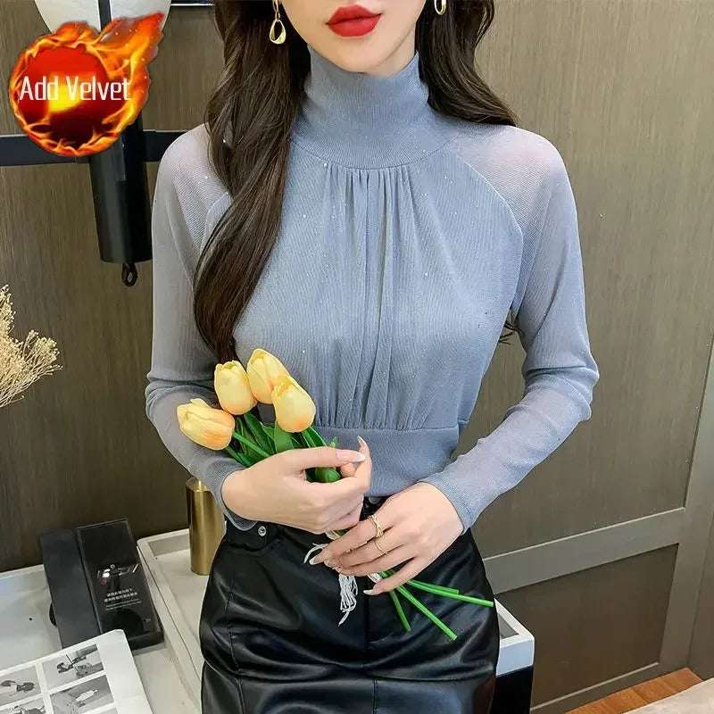 Sequin Long Sleeve T Shirt for Women Rhinestone Slim Plain Glitter Tops Woman Korean Popular Clothes With Sleeves Pulovers Kpop