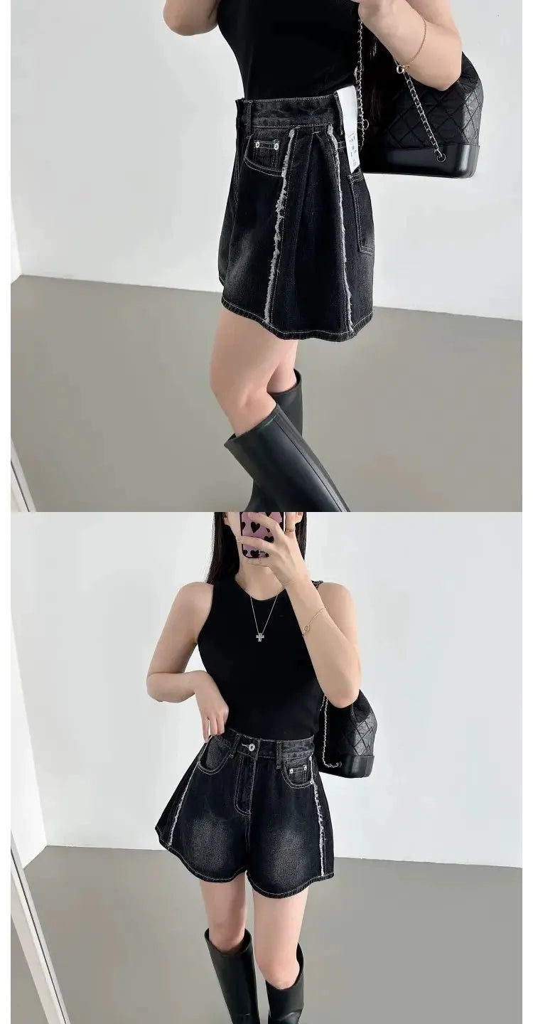 Retro Waed Distred High Waist Wide Leg Jeans orts Casual Sle A-Line Loose Fit Summer Denim orts for Women