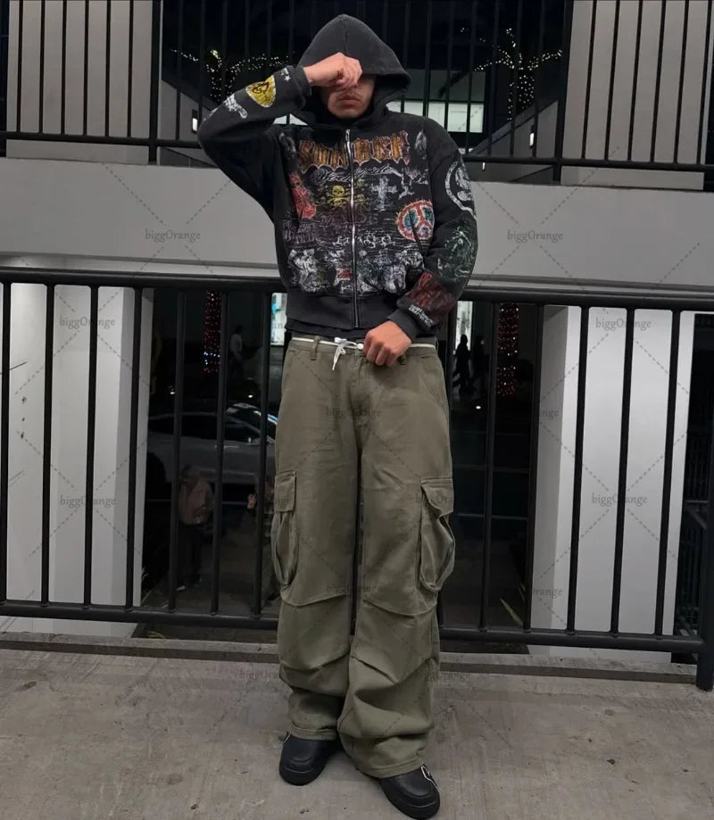 American Retro Y2K Skull Graphic Zipper Hoodie Men Gothic Punk Trendy Streetwear Jacket Hip Hop Harajuku Oversized Sweatshirt