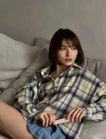 Retro Style Women's Loose Shirt Spring Autumn Plaid Fashion Versatile Casual Button up Cotton Polyester Blend Chinese Origin