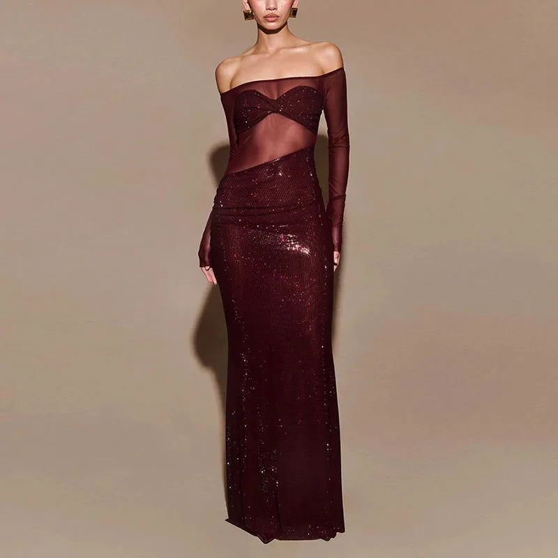 Elegant Sequined Mesh Sheer Long Party Dress Women Off Shoulder Full Sleeve See Through Dresses 2025 Lady Glitter Evening Gowns