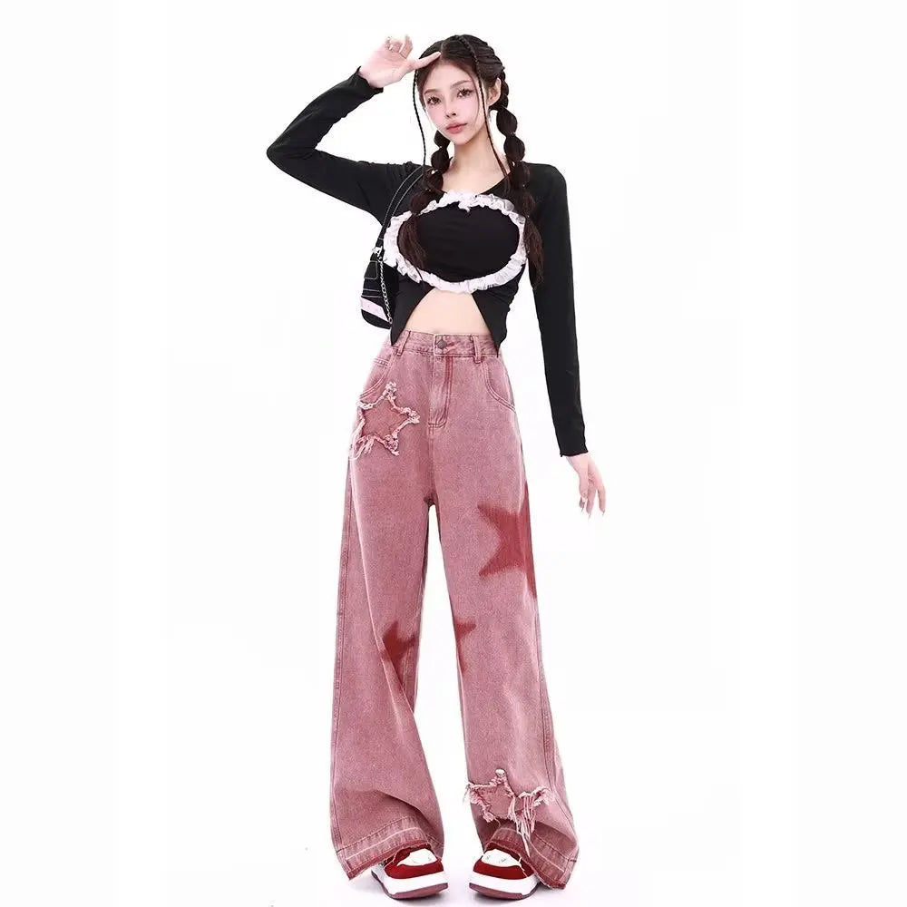 American Retro Jeans Five-point Star Raw Edge Splicing Loose Wide-leg Jeans Women Look Thin Trendy All-match Mopping Pants Women