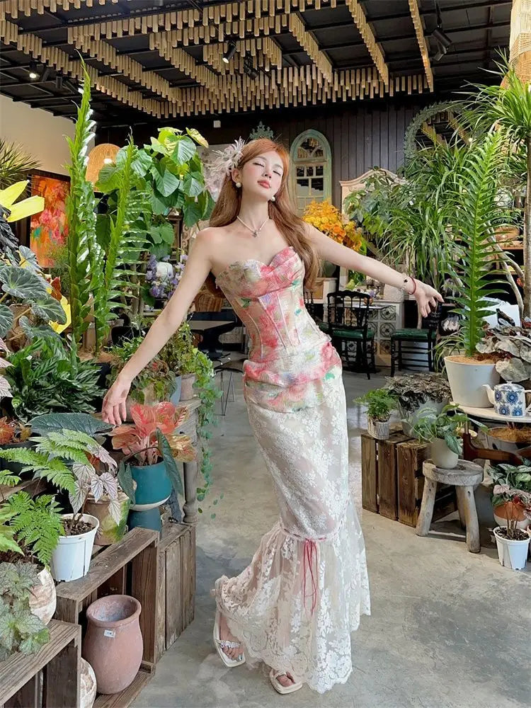 Summer Women Two Piece Set Floral Corset Top and Lace Midi Skirt Elegant Mesh Outfit Slim Fit Vintage French Style Beach Suit