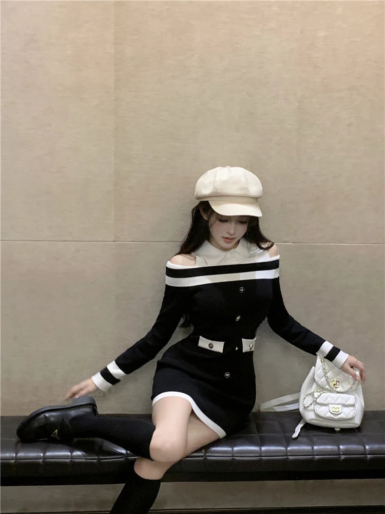 Hot Girl Off Shoulder Long-sleeved Knitted Dress Women's Autumn Fake Two-piece Shirts Spliced Sexy Wrapped Hip Short Dress