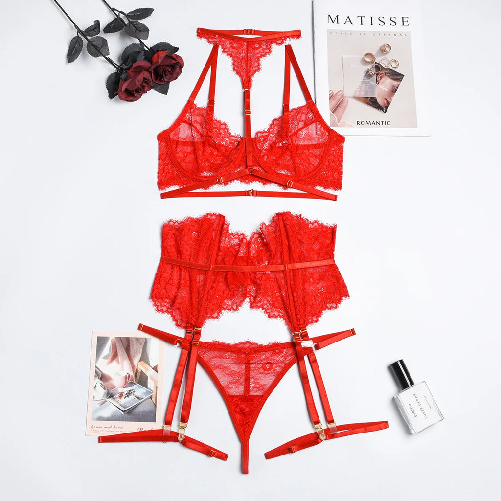 Diccvicc Beautiful Lingerie Eyelash Elegant Transparent Lace Bra Panty Set Floral Embroidery Women Sexy Underwear Exotic Outfit