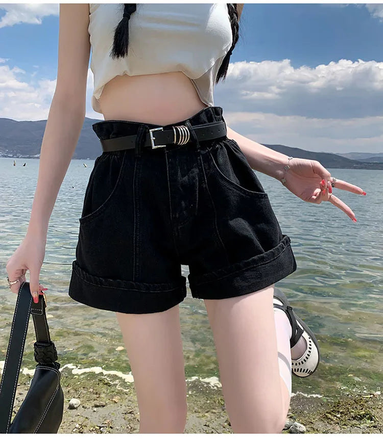 Women's Wine Red Denim Shorts High Waist Wide Shorts Harajuku Streetwear Korean Style Y2k Casual Blue A Line Jean Shorts Summer