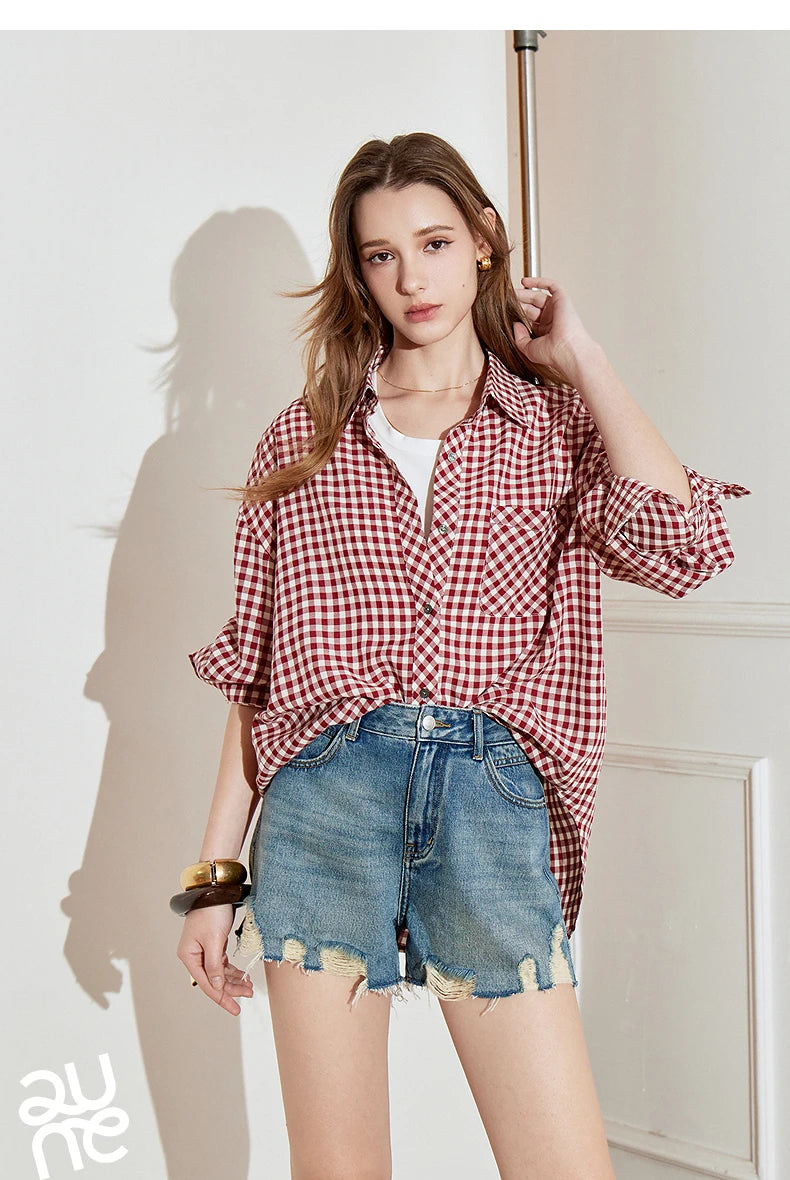TOYOUTH Women Long Sleeve Blouse Shirt 2025 Spring New Cotton Plaid Retro Turn Down Collar Casual Shirt Tops