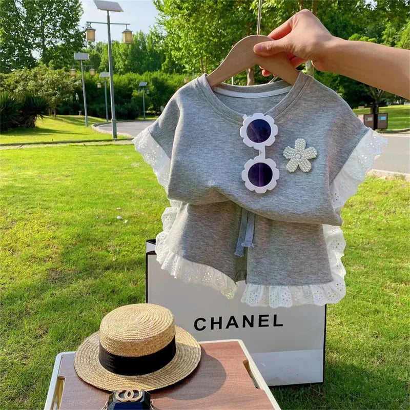 Baby Girls Clothes Summer Lace Patchwork Top & Shorts 2 Pieces Set Floral Decorated Tracksuit Kids Clothes Casual Outfit