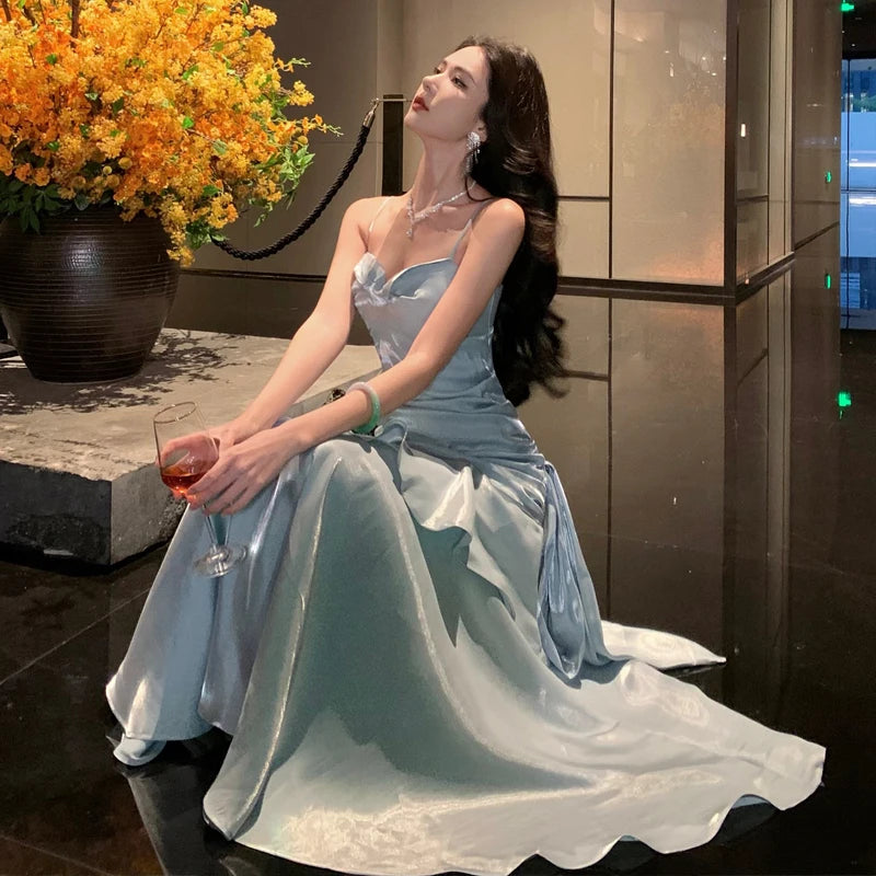 Elegant Romantic Party Women's Spaghetti Strap Dress Female Blue Ruffles Slim Fit Mermaid Dresses Chic Banquet Formal Gown