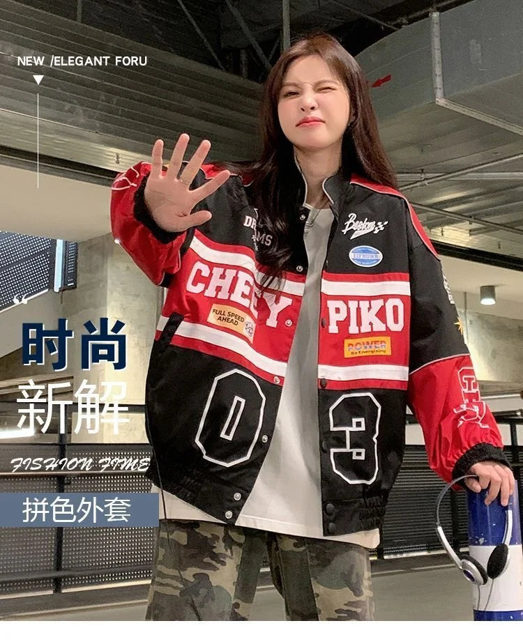 2023 Y2k Red White Bomber F1 Jacket Women Men Biker Racer Jacket Retro Hip Hop Grunge Clothes Trend Oversize Windbreaker Varsity