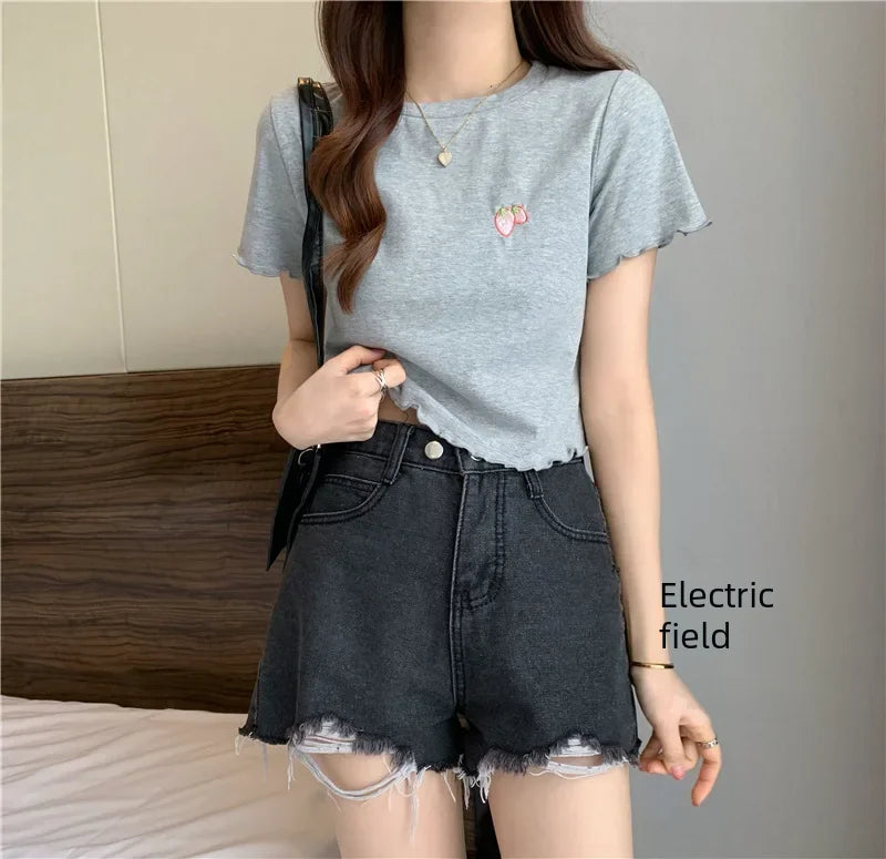 Summer Embroidered Short T-shirt Women Wooden Edge Irregular Slim Short Sleeve Top Plant Pattern Fiber Fabric Elegant Style