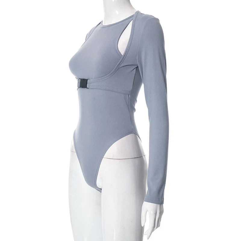 Autumn 2025 New Full Sleeves Hollow School Bags Buckle False Two Pieces Skinny Bodysuit Women Stylish Casual Versatile