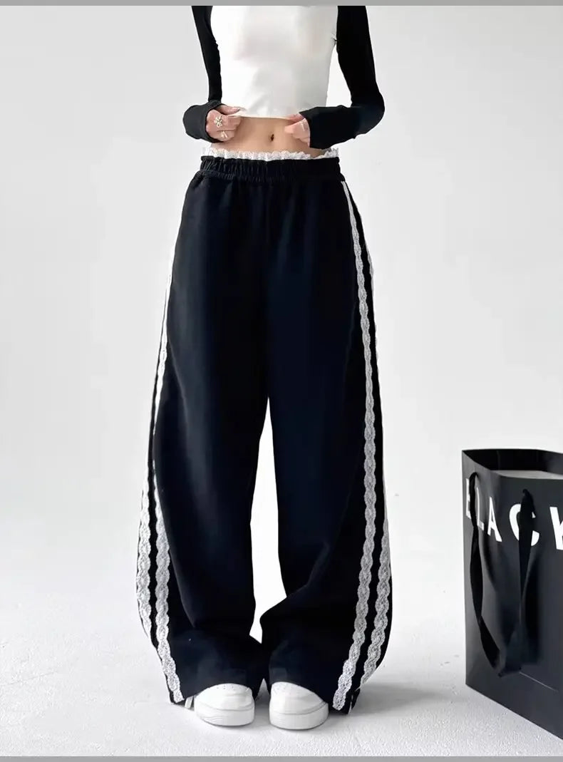 Trendy Casual Wide Leg Pants Women's Autumn Winter High Waist Splicing Lace Trim Drapey Slimming Sporty Trousers