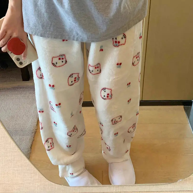 Sanrio Hello Kitty Flannel Pajamas Trouserswomen Kawaii Woolen Cartoon Casual Home Pants Autumn Women's Clothin Girl Gifts