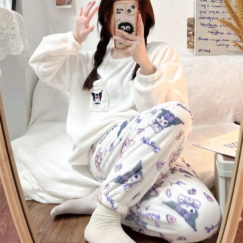 Sanrio Hello Kitty Flannel Pajamas Women Warm Plus Thicken Velvet Cartoon Casual Home Pants in Autumn Winter Fashion Pajamas