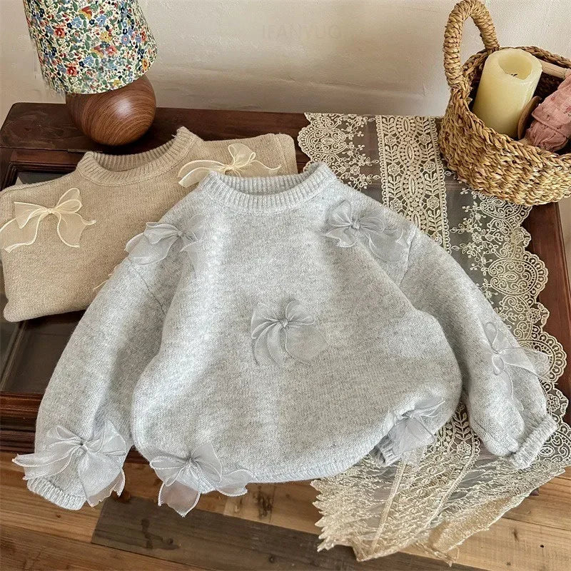 1-10Y Korean Children Clothing Autumn New Girl Baby Toddler Solid Bow Sweaters Winter Fashion Sweet Kid Princess Knitted Sweater