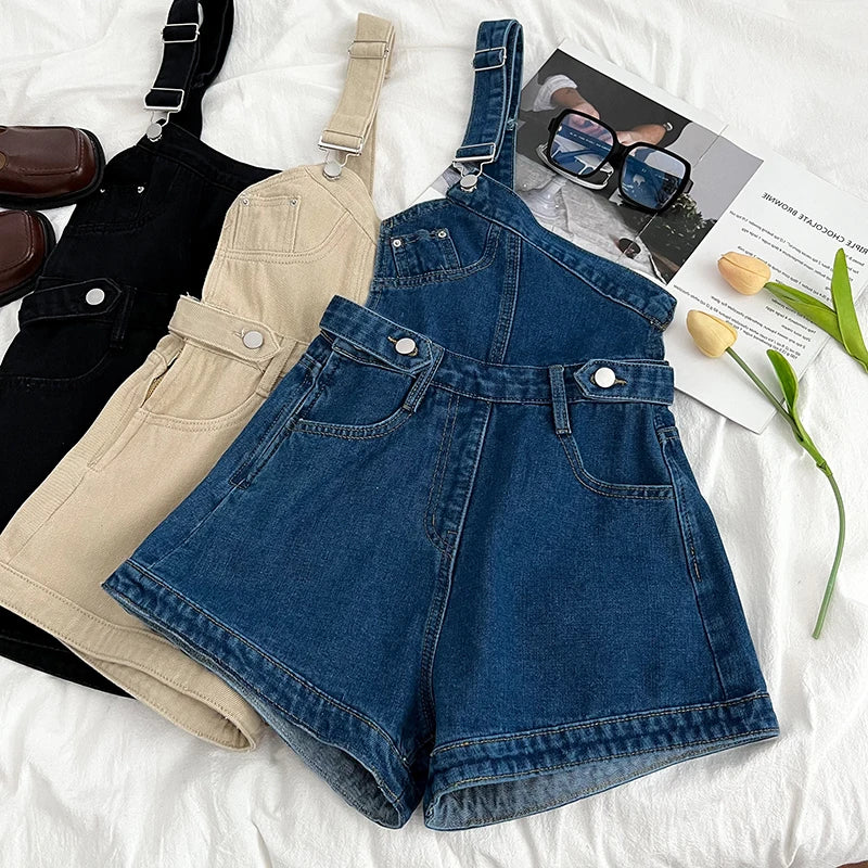 Casual Denim Jumpsuits Women Spring Summe Retro Short  Fashion  One-shoulder Wide Leg Pants 2024 New Cool Girls Streetwear