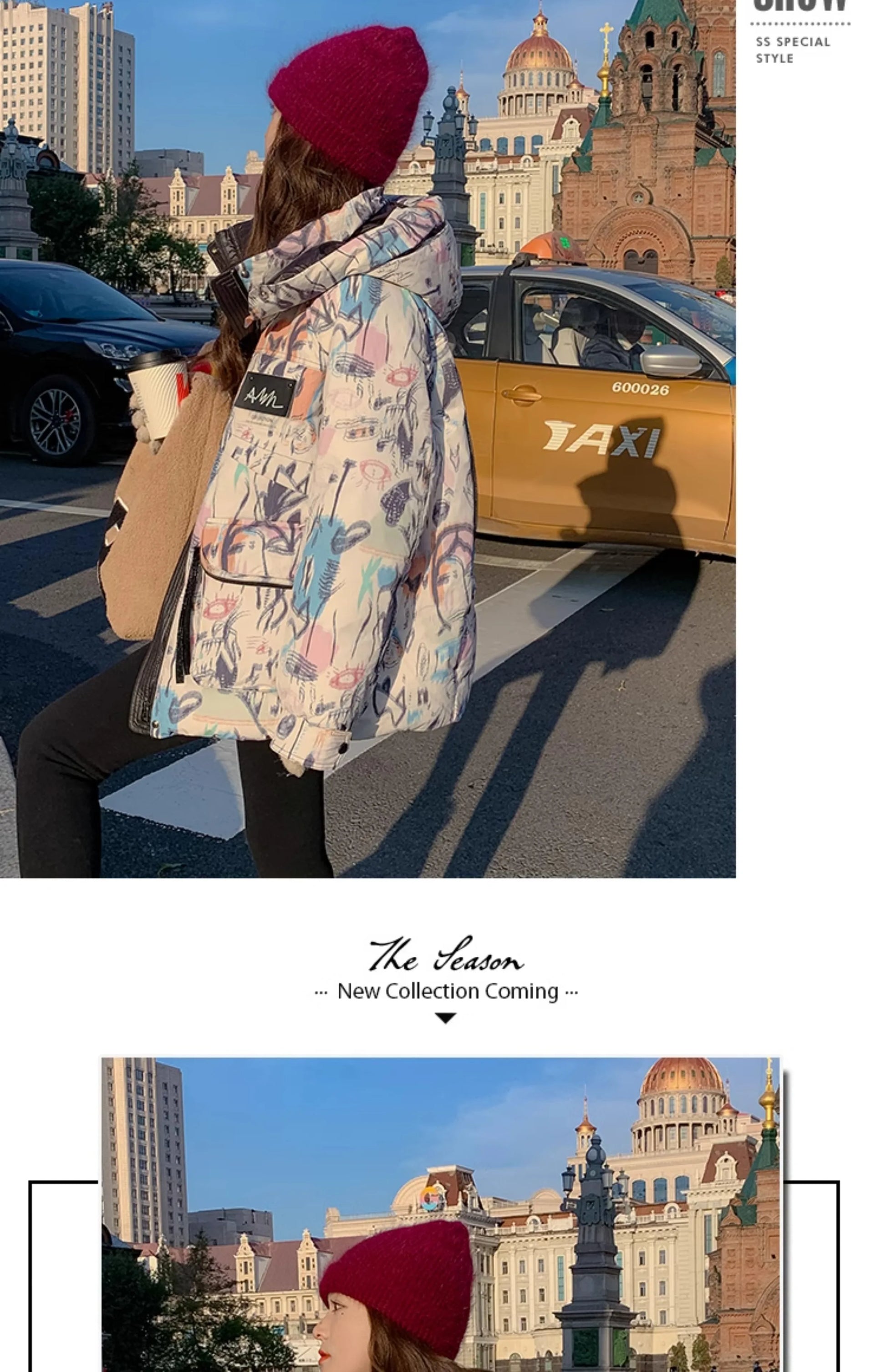 Down Jacket Fashion Short Women's Autumn and Winter Thickened Warm Windproof Warm Loose Hooded Straight Cartoon Anime Print 1Pc