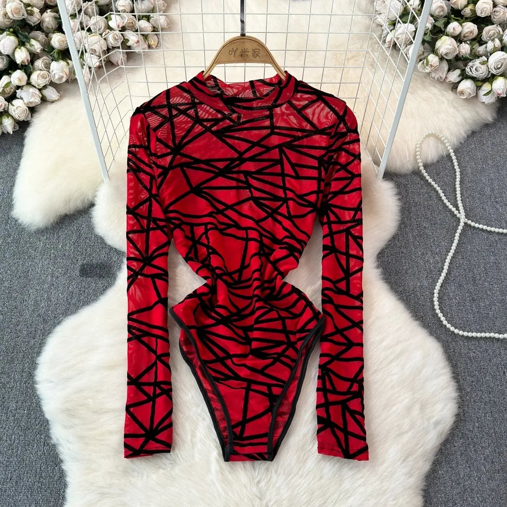 Foamlina Sexy Hollow Out Mesh Bodysuits for Women Fashion Striped Print Stand Collar Long Sleeve Slim Fit Club Party Jumpsuits