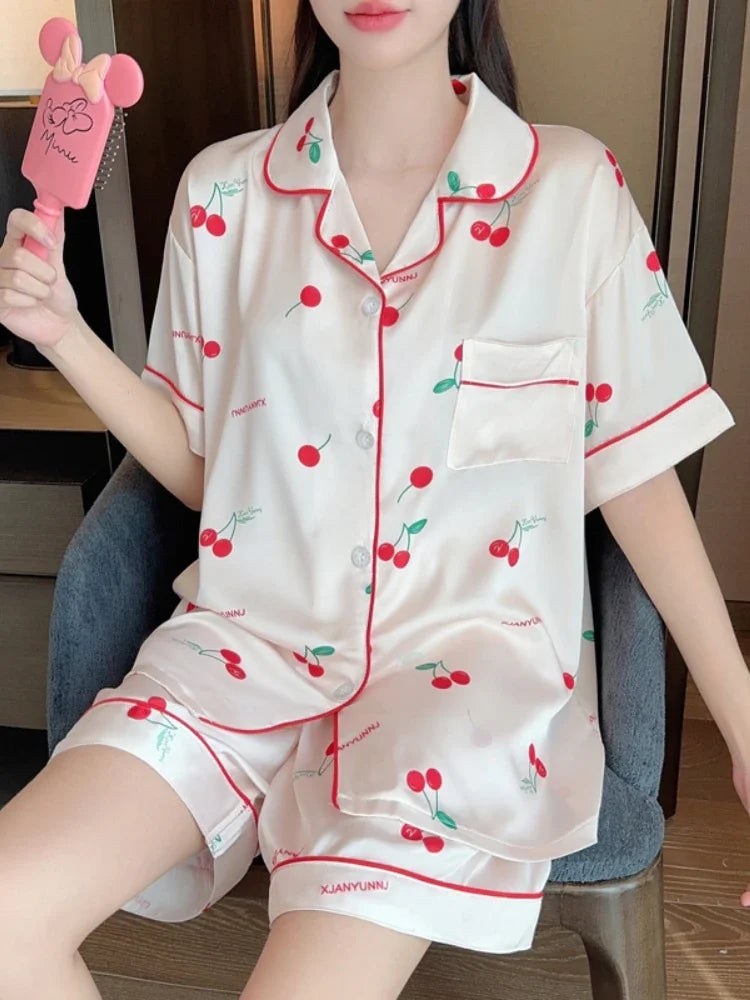 Women's 2pcs Cute Print Short Sleeve Button Top and Shorts Pink Sleepwear Soft Comfy Homewear Casual Loungewear Pajama Set