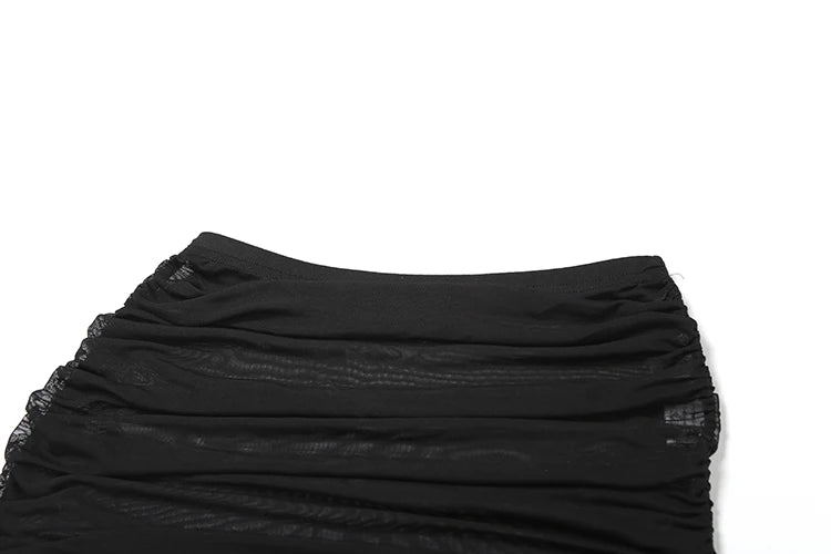 kliou Mesh Swinging Pleated Women 2 Piece Set Summer Solid Simple Halter Backless Chic Tops+Shirring Mini Skirts Coordinate Suit