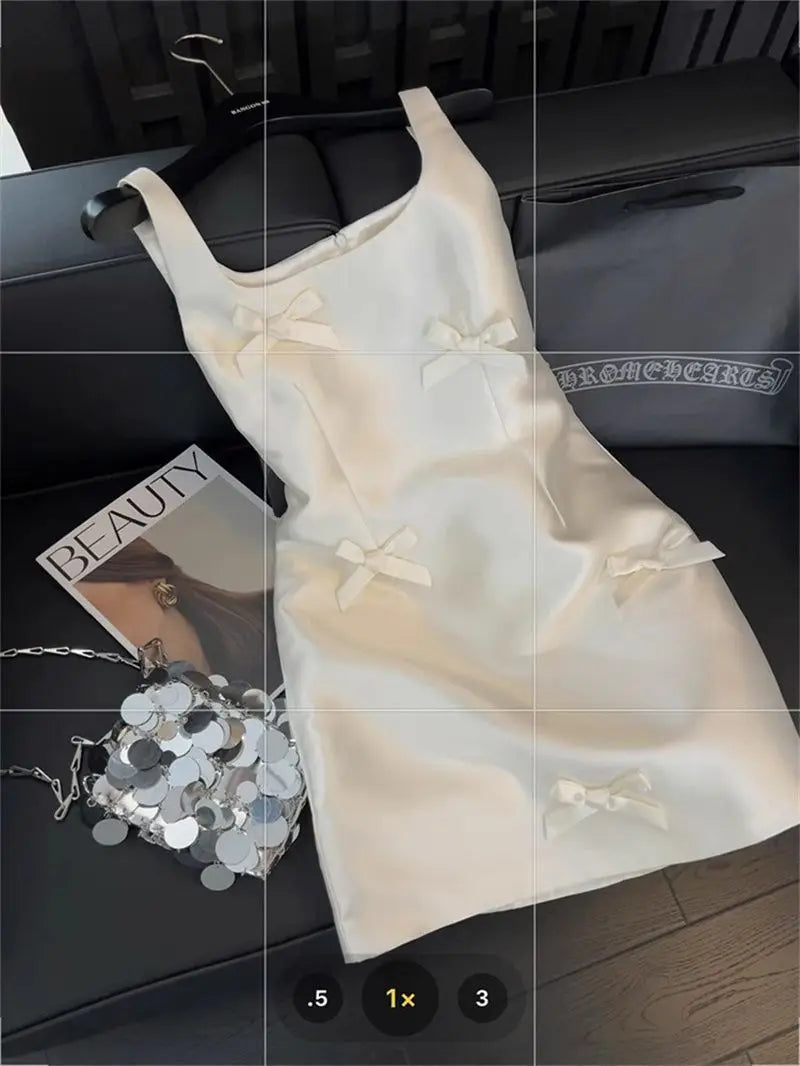 Women Elegant Mini Dress Satin Bow Decor Sleeveless Square Neck Slim Fit Suit French Style Party Club Night Summer Outfit