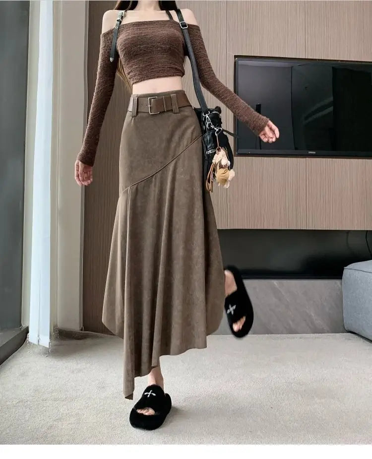 Women Clothing Autumn Korean Fashion Vintage High Waist Asymmetrical Skirts Female Elegant Chic Tie Dye Slim Long Skirt Faldas