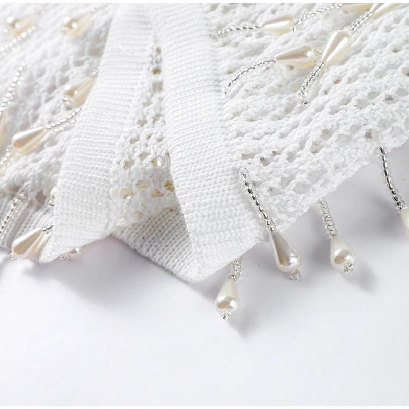 Sexy Backless Pearl Tassel Mini Dress Women Chic Street Knitted Hollow Out Lace Up Slim Short Dresses Lady Spring Beach Party