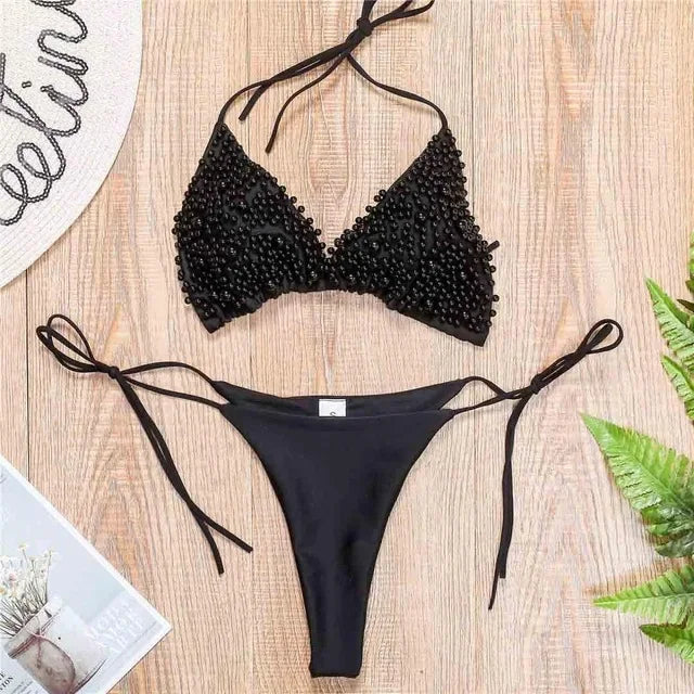 Sexy Halter Luxury Pearl Bikini Female Swimsuit Women Swimwear Two-pieces Bikini set Mini Micro Bather Bathing Suit Swim Lady