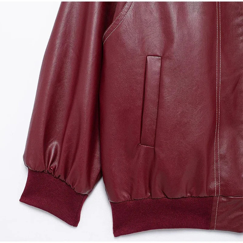 Women's Artificial Leather Short Jacket Retro Red Linen Coat Spliced Zipper Jacket Autumn Women's Lapel Pocket Street Sportswear
