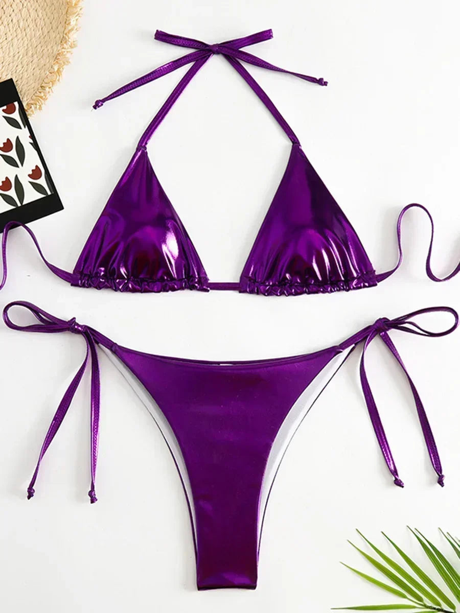 Sexy Shiny Pu Faux Leather Bikini 2025 Women Swimwear Female Swimsuit Two-pieces Bikini set String Bather Bathing Suit Swim Lady