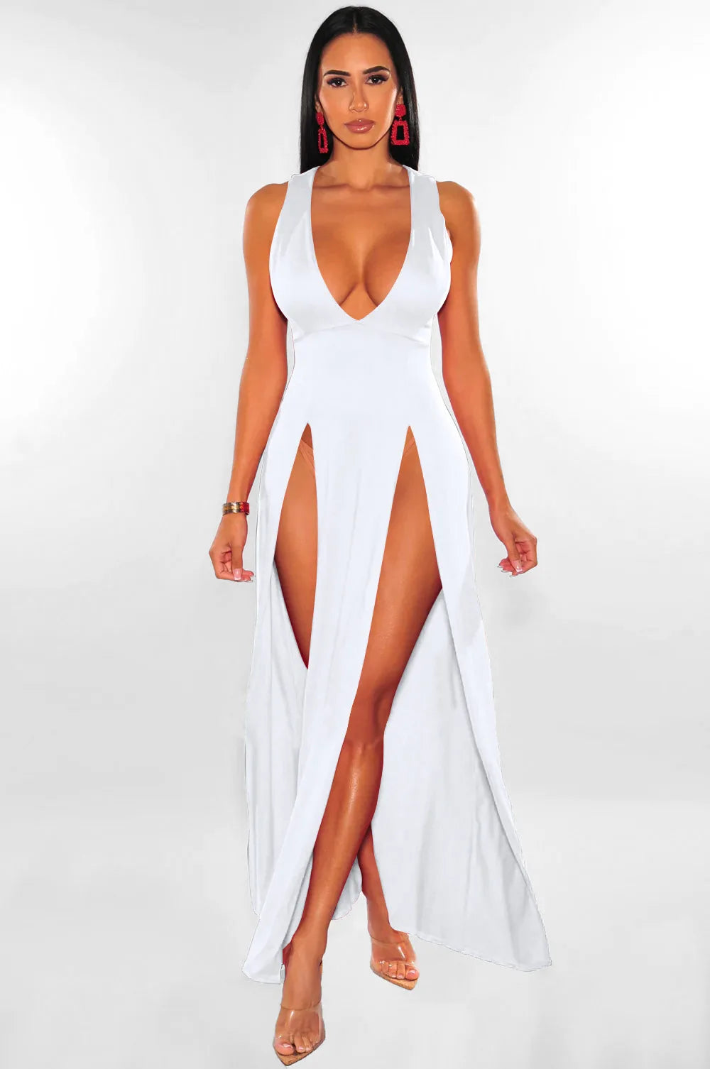 Womens Side Split Deep V Neck Bodycon Clubwear Maxi Vest Dress Sexy Sleeveless Bandage Slim Evening Cocktail Party  Long Dress