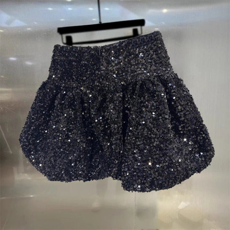 DEAT Fashion Women's Heavy Industry Sequins Skirts For Women Trendy Zipper Wrap Hip Ball Gown Skirt Female Spring New 11A02566