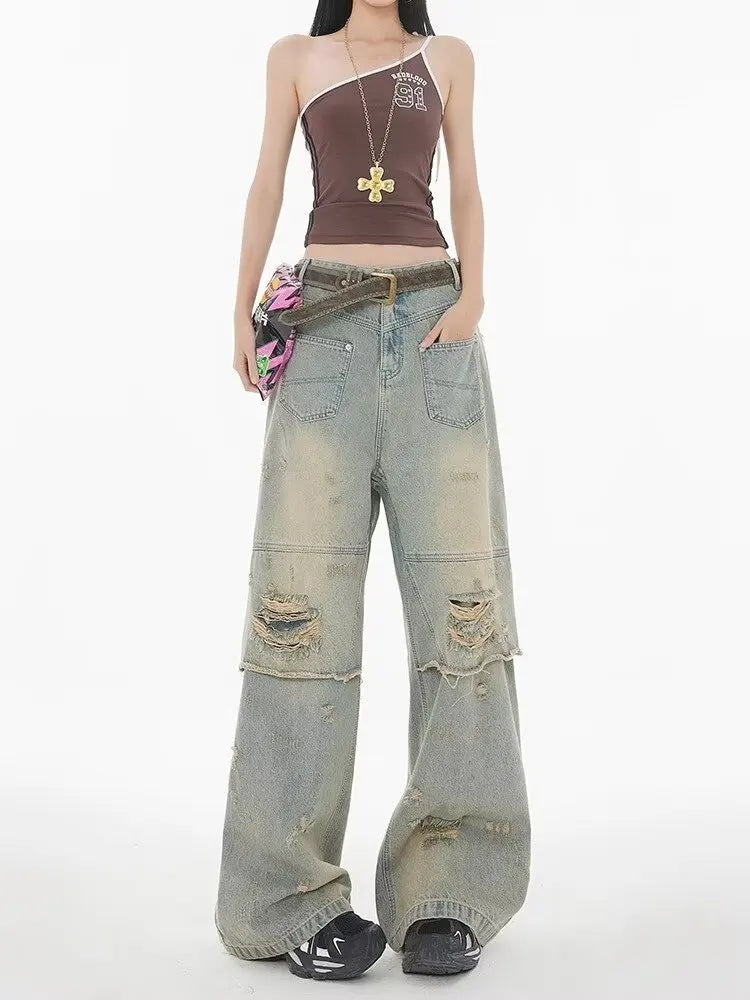 American High Street Wasteland Style Ripped Jeans Spring and Summer Loose Washing and Old Wide-leg Japanese and Korean Baggy