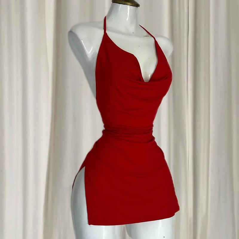 Red V Neck Backless Bandage Dress Elegant Irregular Slim Sweet Korean Women Mini Dresses 2025 New Fashion Nightclub Sexy Girl