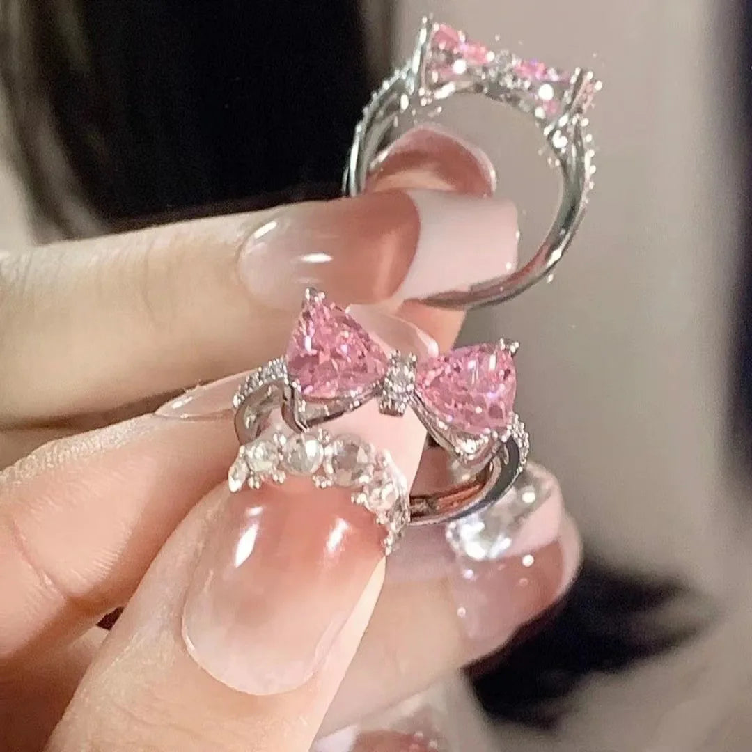 New Arrived Romantic Lovely Pink Bowknot Design Female Exquisite Jewelry Ring with Micro Bow Tie Zircon for Party and Dating