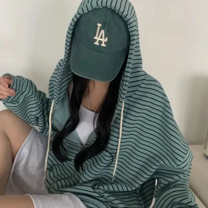 Spring 2025 Women's Chic Loose Casual Lazy Sle Striped Hooded Jaet with ket Open Cardigan Sweatirt Comfortable Fit