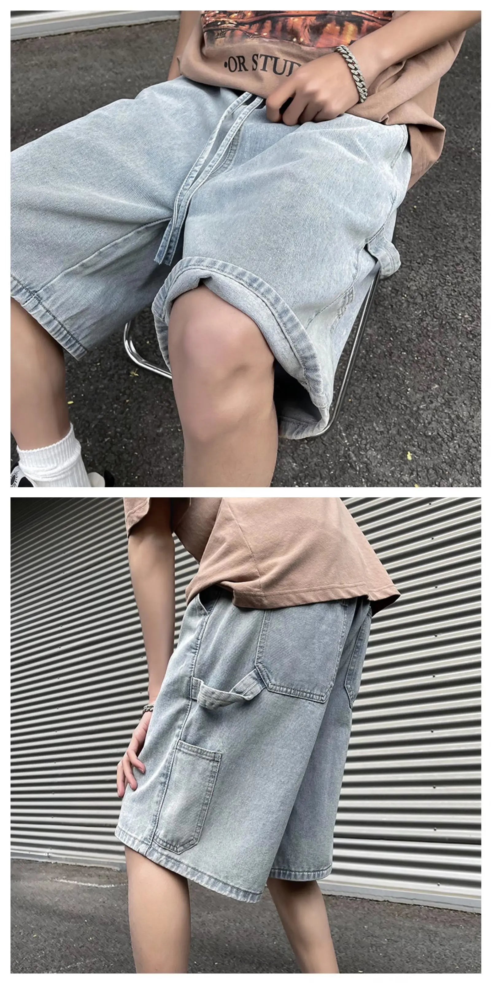 Fashionable Loose-fit Straight-leg Denim Shorts Simple Solid Color Casual Versatile Men's Five-point Pants