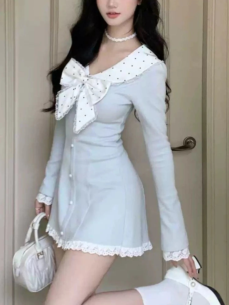 Korea Sweet Bow Long Sleeve Dresses Women Spring New Design Sense A-line Short Dress Blue Kawaii Patchwork Party Clothes 2025