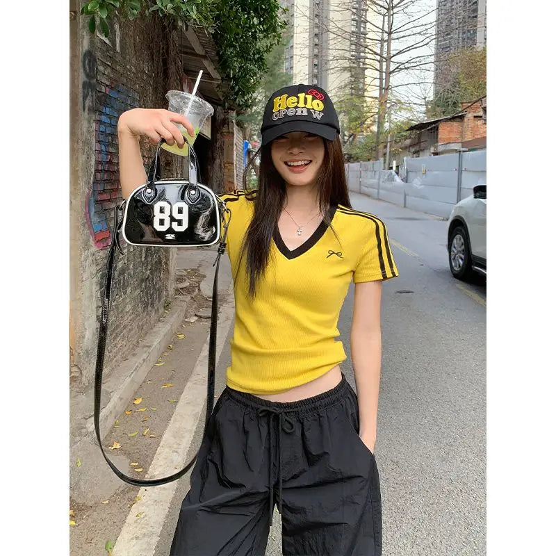 Women Clothing Summer Fashion Casual Striped Color Blocking V-neck Ladies Ladies Simplicity All-match Appear Thin Short Sleeve