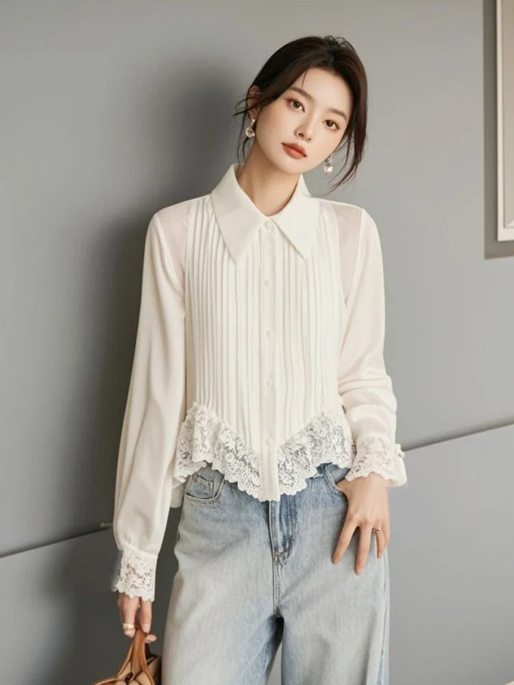Spring Autumn New Solid Color Turn-down Collar Long Sleeve Fashion Shirt Women High Street Casual Button Patchwork Lace Cardigan