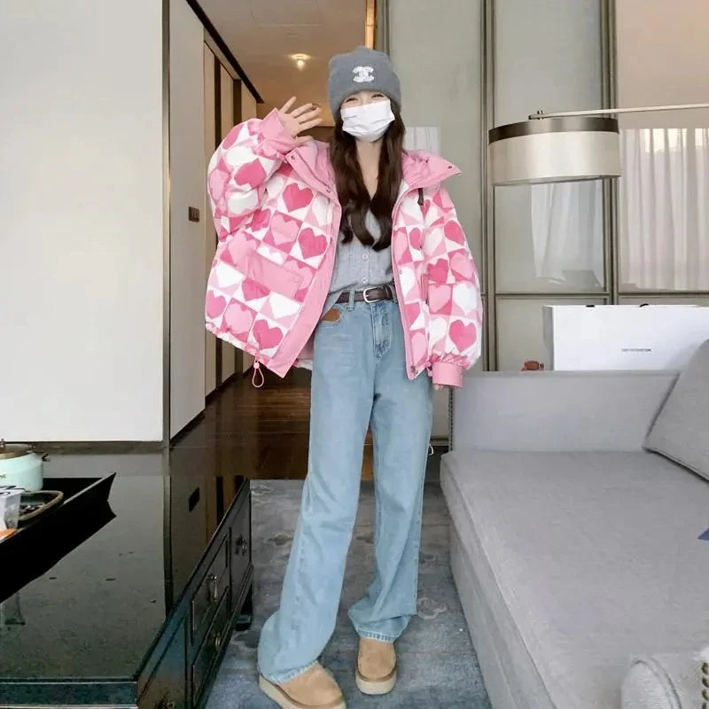 Duck Down Coat for Women, Loose and Thicken Hooded Parkas, Printed Outerwear, Female Bread Jackets, Winter Clothing, New, 2024